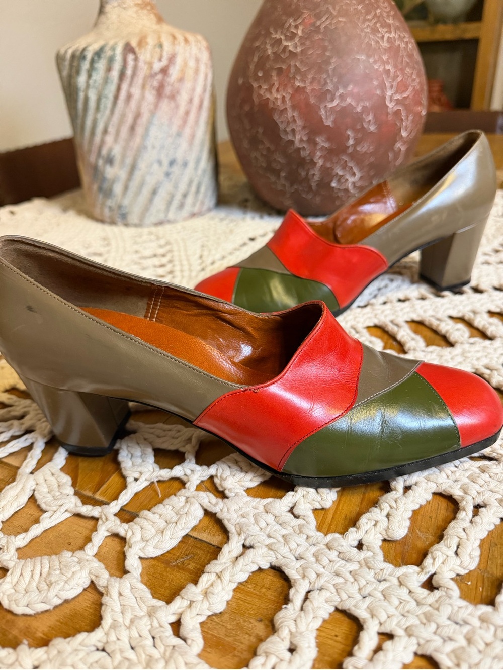 Colorblock Leather Mid-Heel Pumps in Red, Olive & Taupe